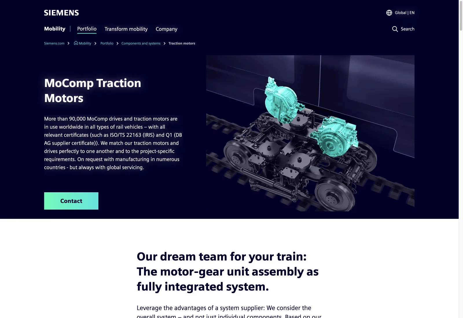 Produktseite „MoComp Traction Motors“ von Siemens Mobility