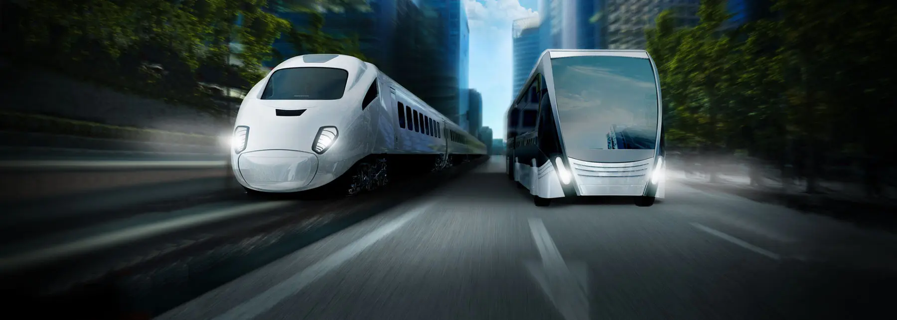 Triebzug und Elektrobus in Fahrt